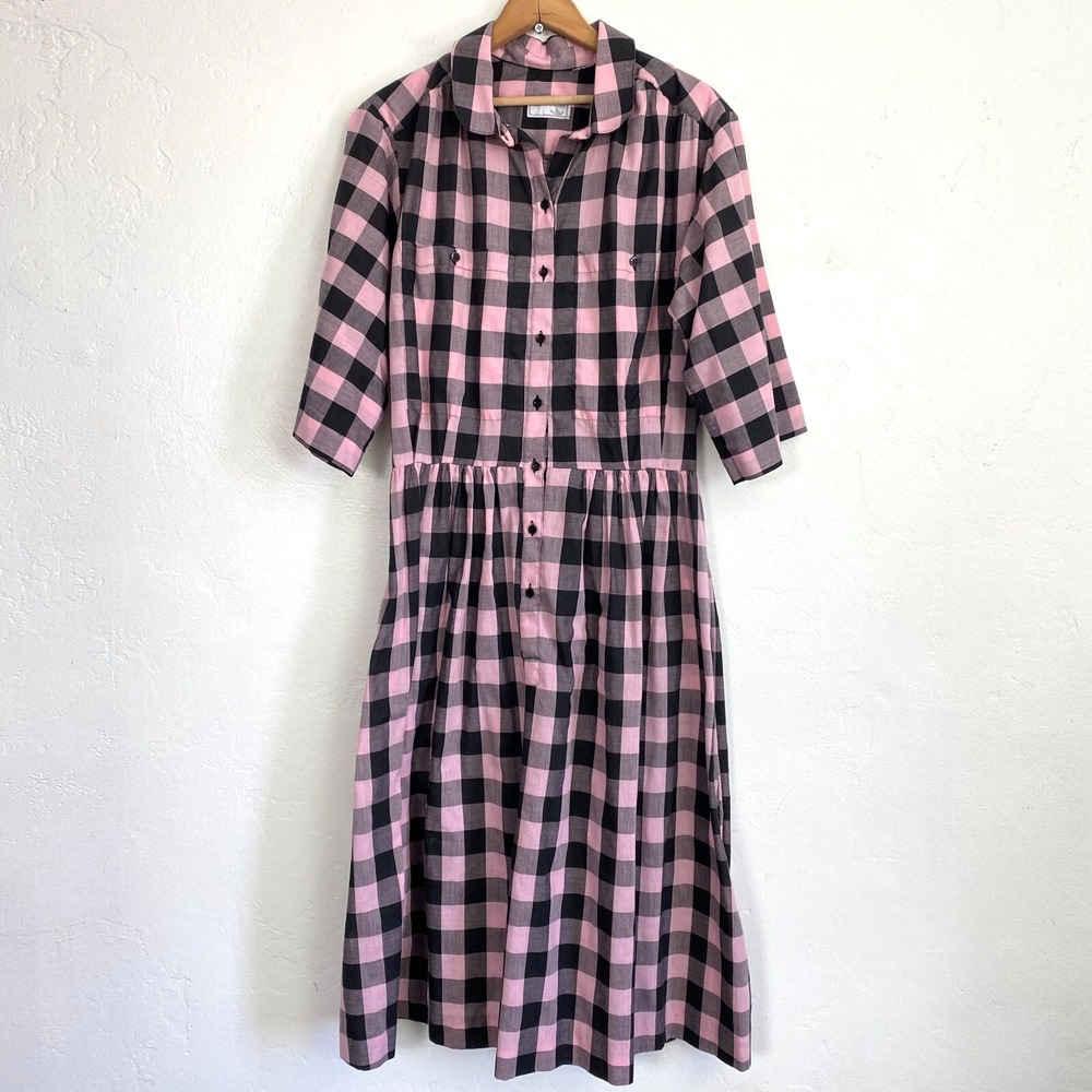 Shirtmaker Donloggin Vintage Shirt Dress Size Medium? Pink Black Buffalo Check